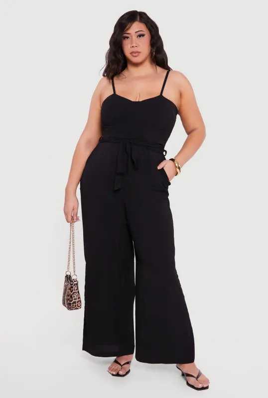 Plus Size Wide Leg Cami Jumpsuit with Tie Waist Belt sold by Rainbow
