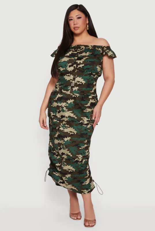 Plus Size Toggle Drawstring Camouflage Cargo Midi Skirt sold by Rainbow