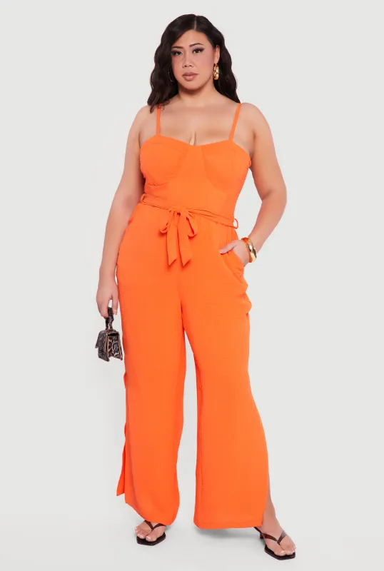 Plus Size Wide Leg Cami Jumpsuit with Tie Waist Belt sold by Rainbow