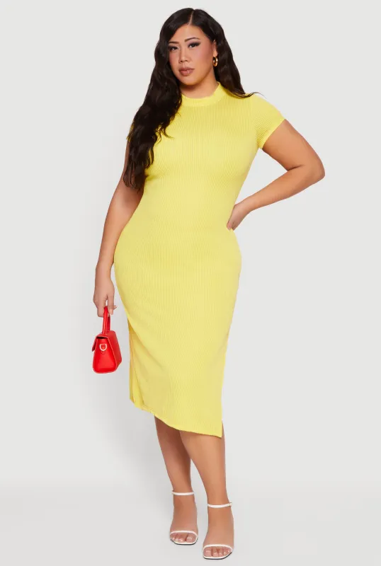 Plus Size Rib Knit Short Sleeve Mock Neck Side Slit Midi Dress sold by Rainbow
