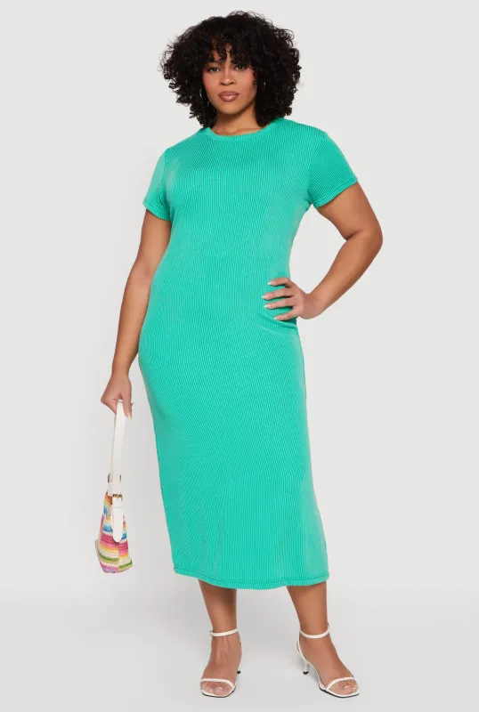Plus Size Ribbed Knit Crew Neck Midi Dress sold by Rainbow