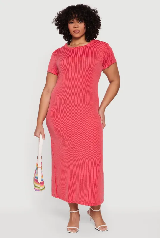 Plus Size Ribbed Knit Crew Neck Midi Dress sold by Rainbow