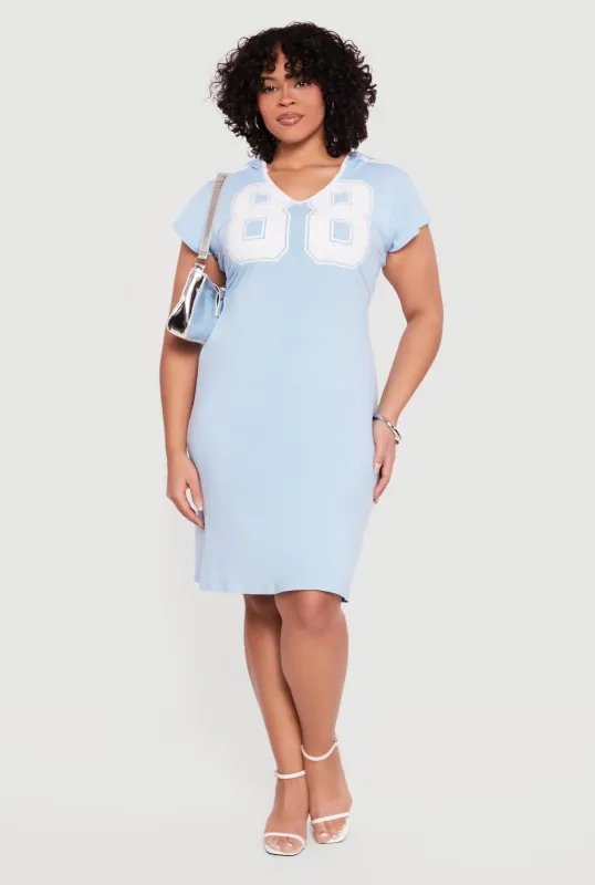 Plus Size 88 Graphic V Neck Hooded T Shirt Dress made by Rainbow