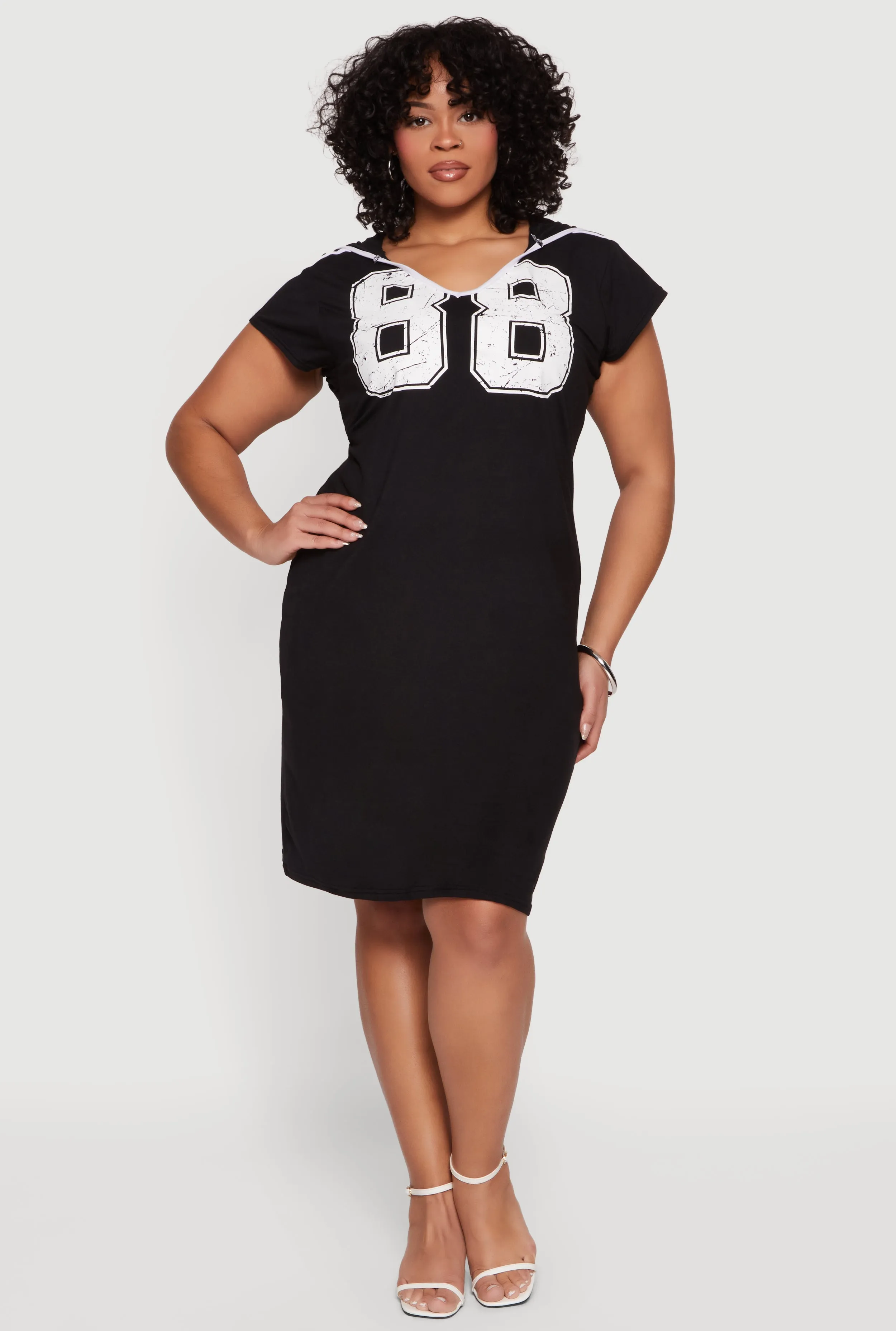 Plus Size 88 Graphic V Neck Hooded T Shirt Dress sold by Rainbow