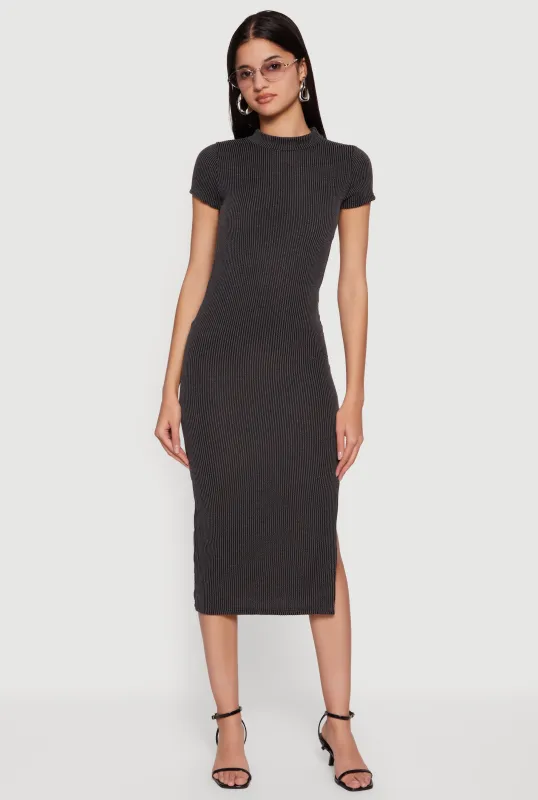 Rib Knit Side Slit Short Sleeve Mock Neck Midi Dress sold by Rainbow