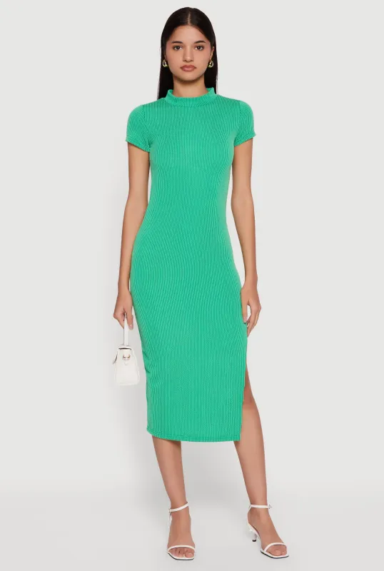 Rib Knit Side Slit Short Sleeve Mock Neck Midi Dress sold by Rainbow