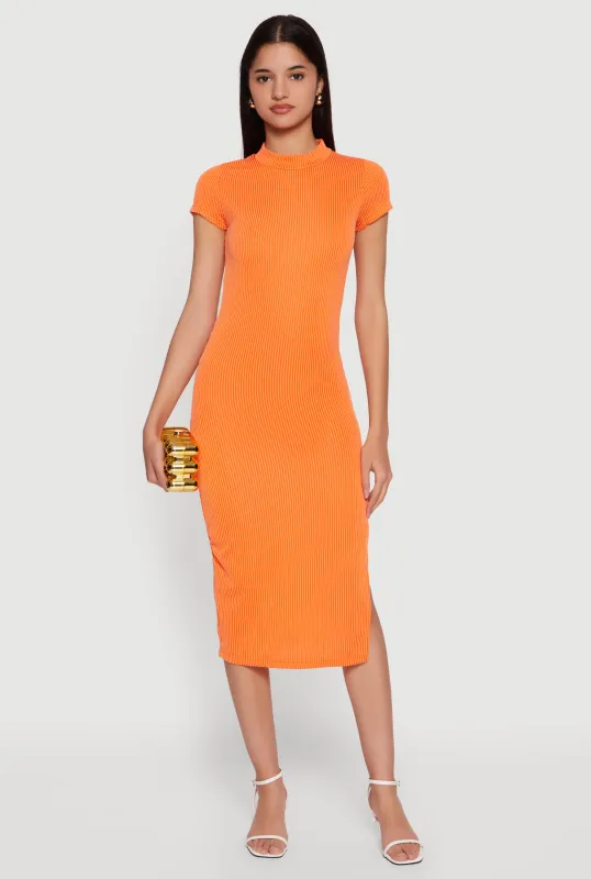 Rib Knit Side Slit Short Sleeve Mock Neck Midi Dress sold by Rainbow