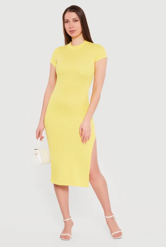 Rib Knit Side Slit Short Sleeve Mock Neck Midi Dress sold by Rainbow