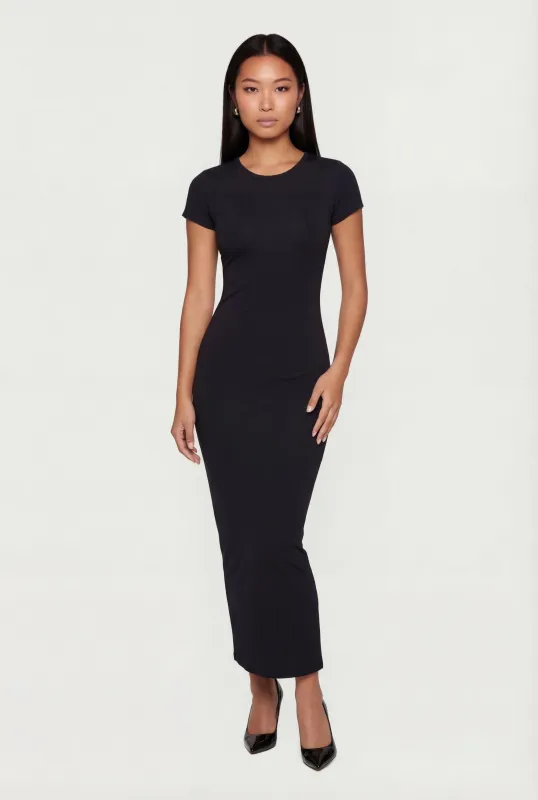 Short Sleeve Crew Neck Slit Back Maxi Dress sold by Rainbow