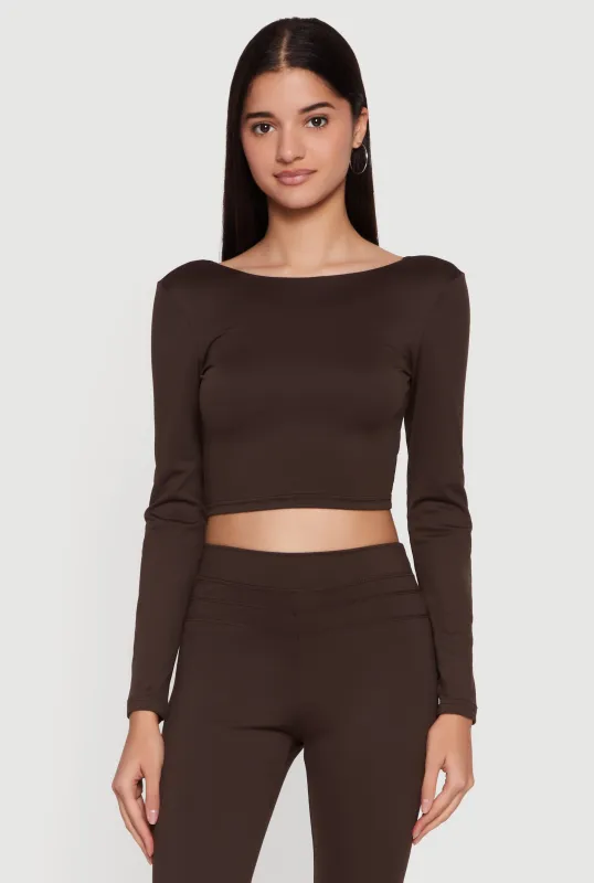 Long Sleeve Boat Neck Open Twist Back Crop Top sold by Rainbow