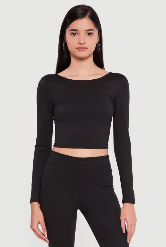 Long Sleeve Boat Neck Open Twist Back Crop Top made by Rainbow