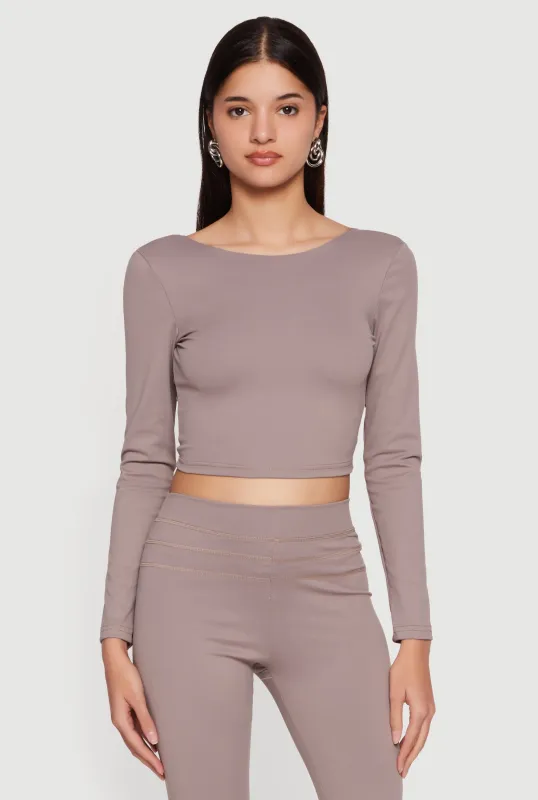 Long Sleeve Boat Neck Open Twist Back Crop Top made by Rainbow