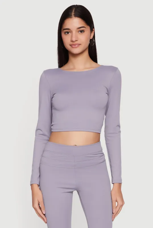 Long Sleeve Boat Neck Open Twist Back Crop Top sold by Rainbow