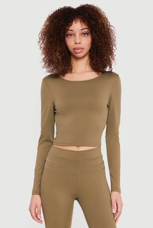 Long Sleeve Boat Neck Open Twist Back Crop Top sold by Rainbow