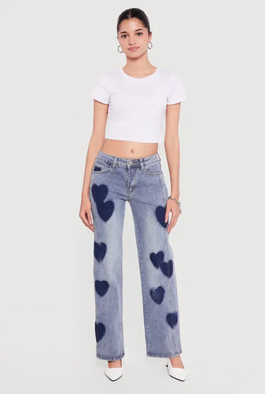 Heart Print Acid Wash Wide Leg Jeans sold by Rainbow