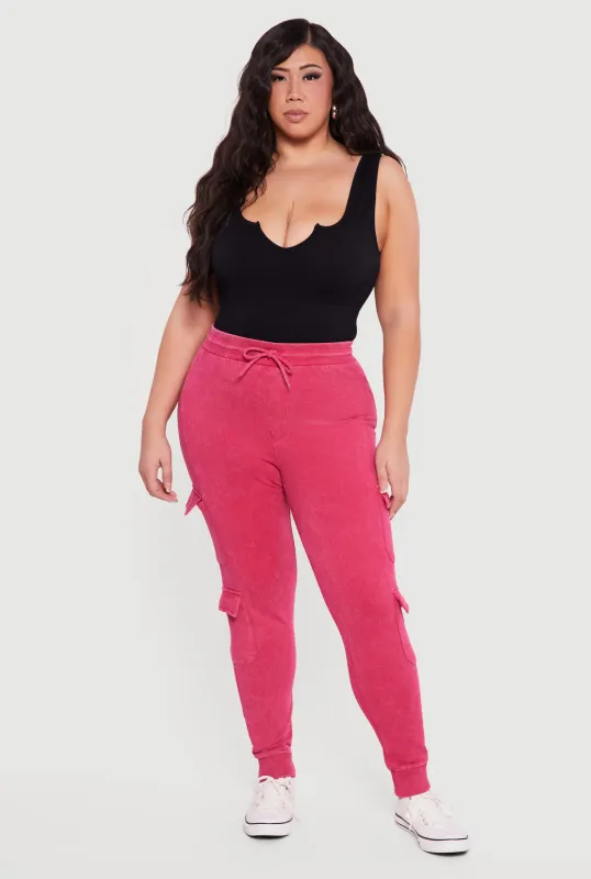 Plus Size Acid Wash Fleece Joggers with Cargo Pockets sold by Rainbow