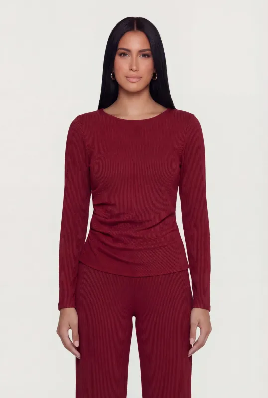 Ribbed Knit Side Ruched Long Sleeve Blouse sold by Rainbow