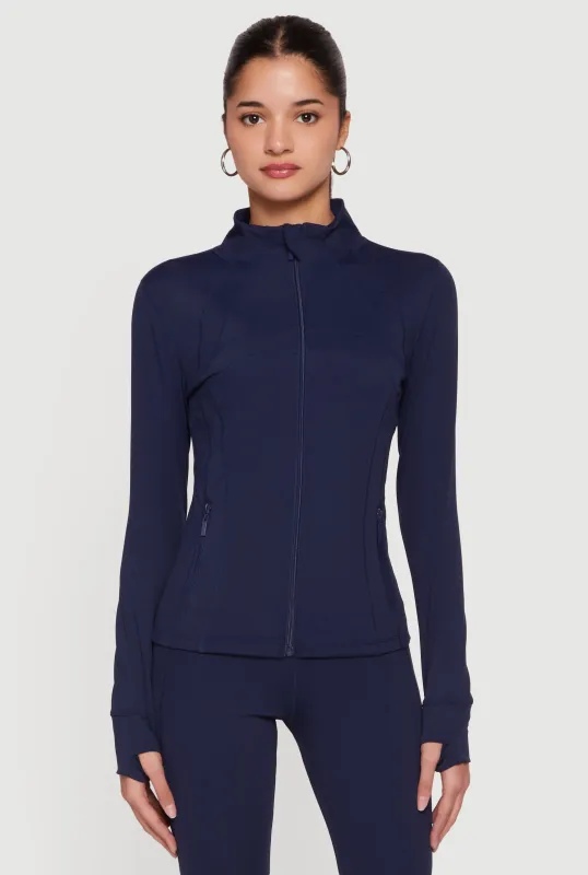 Long Sleeve Mock Neck Zip Front Jacket with Thumb Holes sold by Rainbow