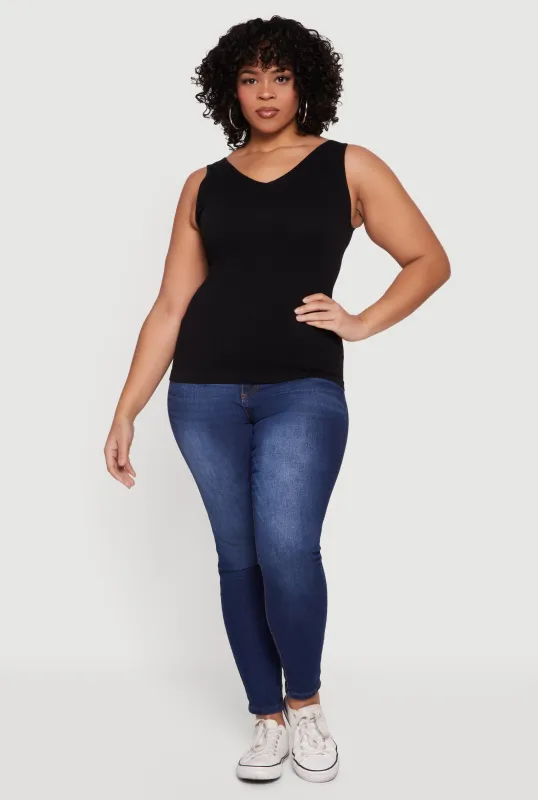 Plus Size Seamless Ribbed Knit V Neck Top sold by Rainbow