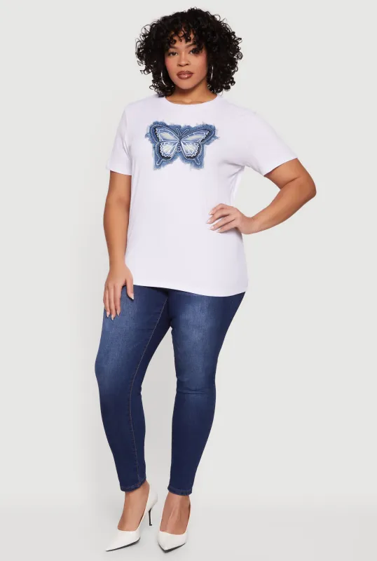 Plus Size Rhinestone Denim Butterfly Patch Graphic Tee made by Rainbow
