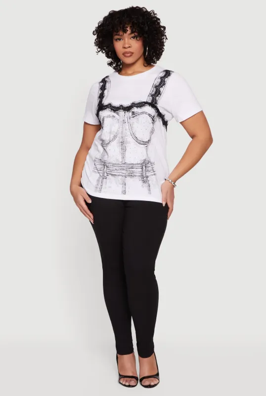 Plus Size Rhinestone Lace Trim Corset Graphic Tee sold by Rainbow
