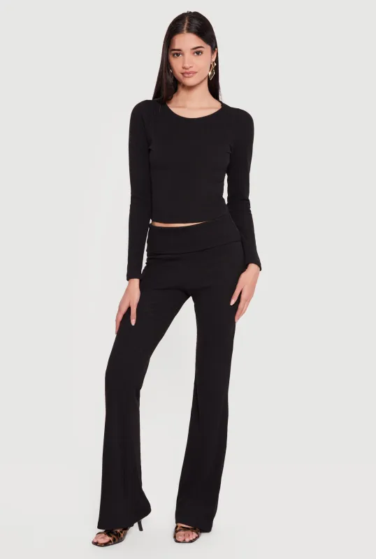 Ribbed Knit Fold Over Flare Leg Pants made by Rainbow
