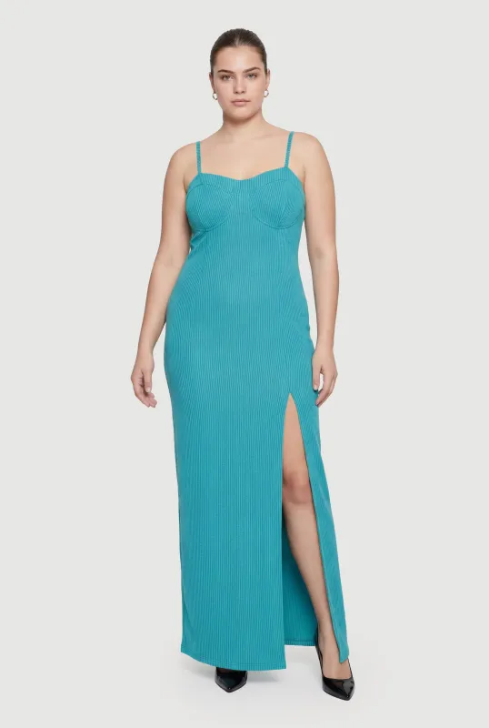Plus Size Ribbed Knit Front Slit Bustier Dress made by Rainbow