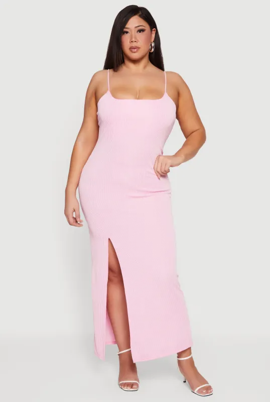 Plus Size Shelf Bra Ribbed Knit Side Slit Dress made by Rainbow