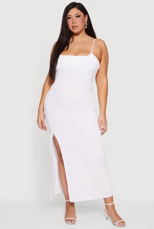 Plus Size Shelf Bra Ribbed Knit Side Slit Dress made by Rainbow