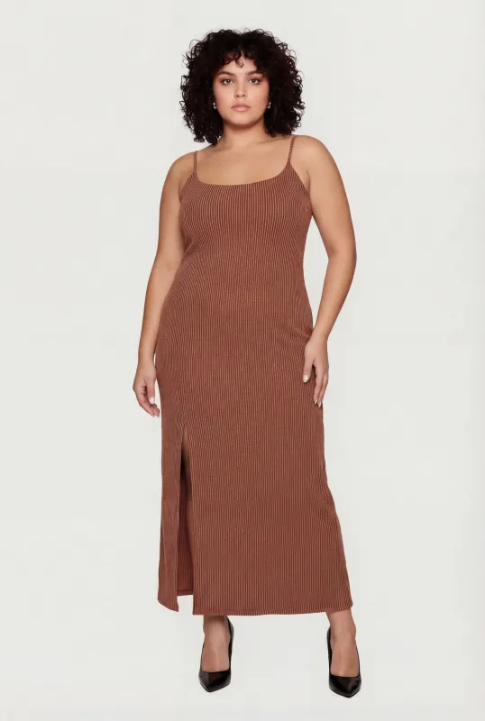 Plus Size Shelf Bra Ribbed Knit Side Slit Dress made by Rainbow