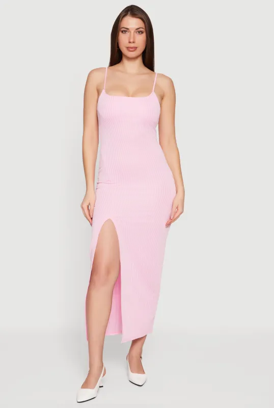 Ribbed Knit Front Slit Scoop Neck Dress sold by Rainbow