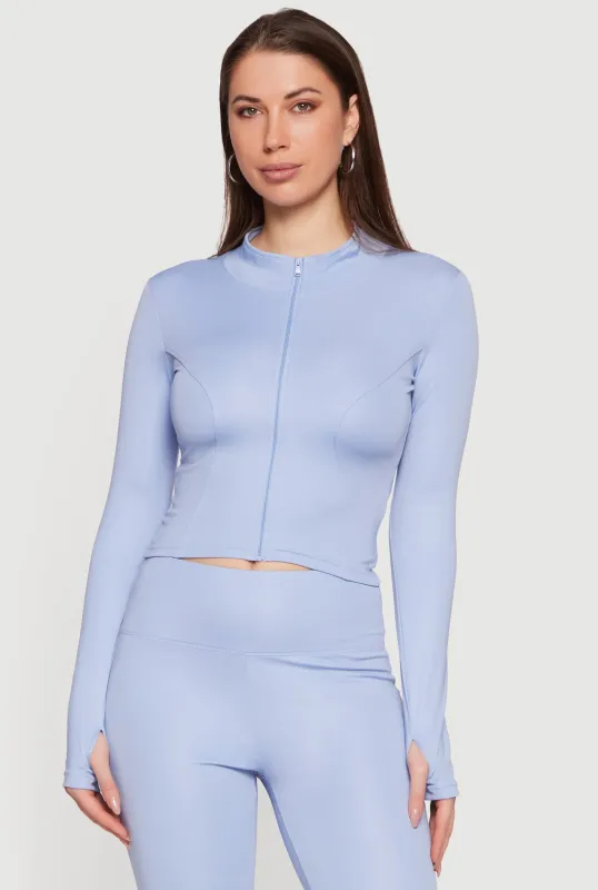 Cropped Mock Neck Zip Front Jacket with Thumb Holes made by Rainbow