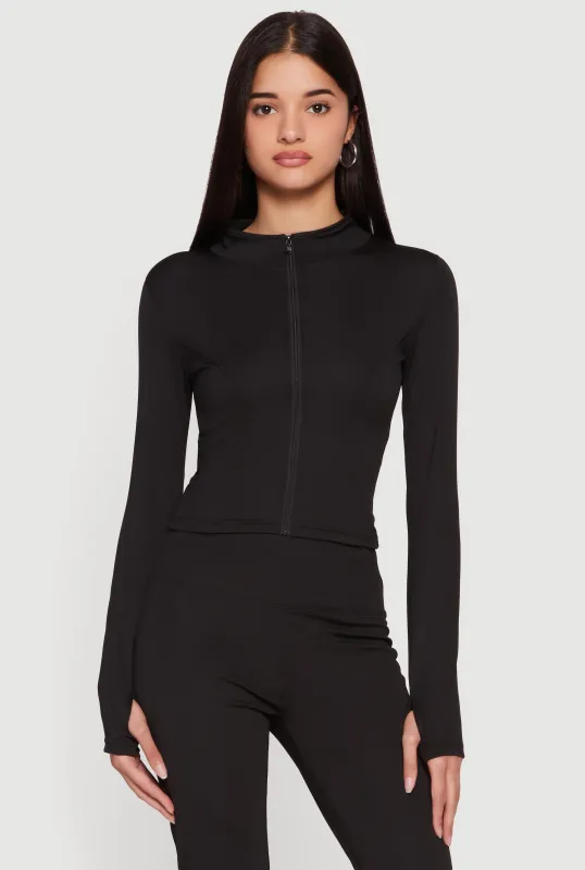 Cropped Mock Neck Zip Front Jacket with Thumb Holes made by Rainbow