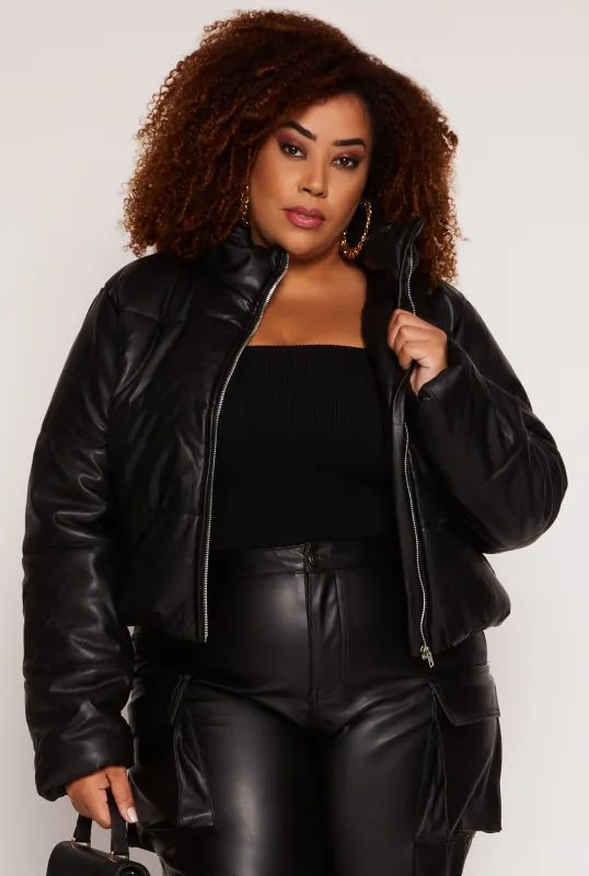 Plus Size Faux Leather Zip Front Long Sleeve Puffer Jacket sold by Rainbow