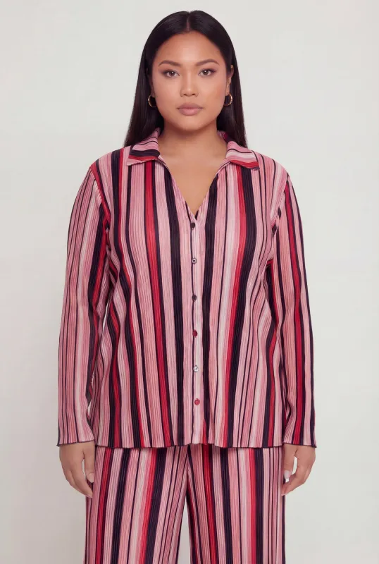 Plus Size Striped Plisse Long Sleeve Button Front Shirt sold by Rainbow