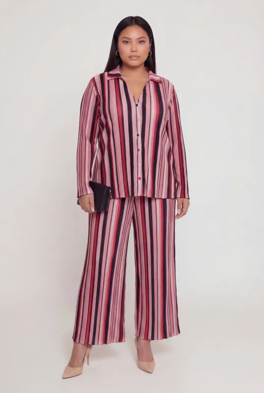 Plus Size Striped Plisse Wide Leg Pants sold by Rainbow
