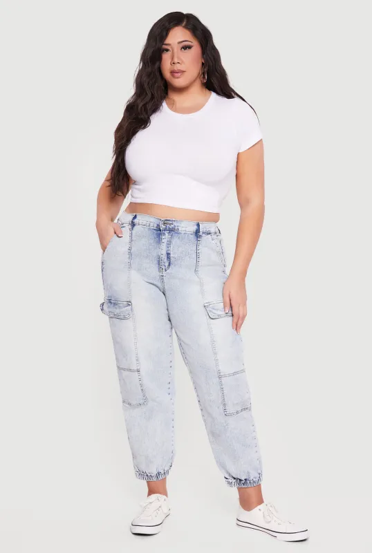 Plus Size High Waisted Cargo Pocket Denim Joggers sold by Rainbow