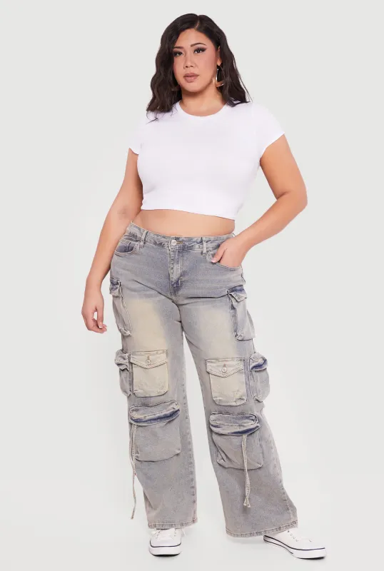 Plus Size VIP Acid Wash High Waisted Utility Jeans sold by Rainbow