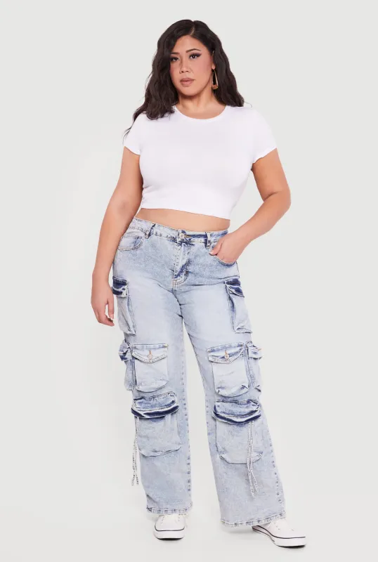 Plus Size VIP Acid Wash High Waisted Utility Jeans sold by Rainbow