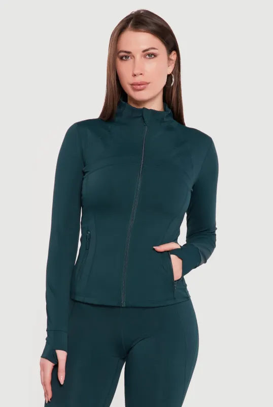 Long Sleeve Mock Neck Zip Front Jacket with Thumb Holes made by Rainbow