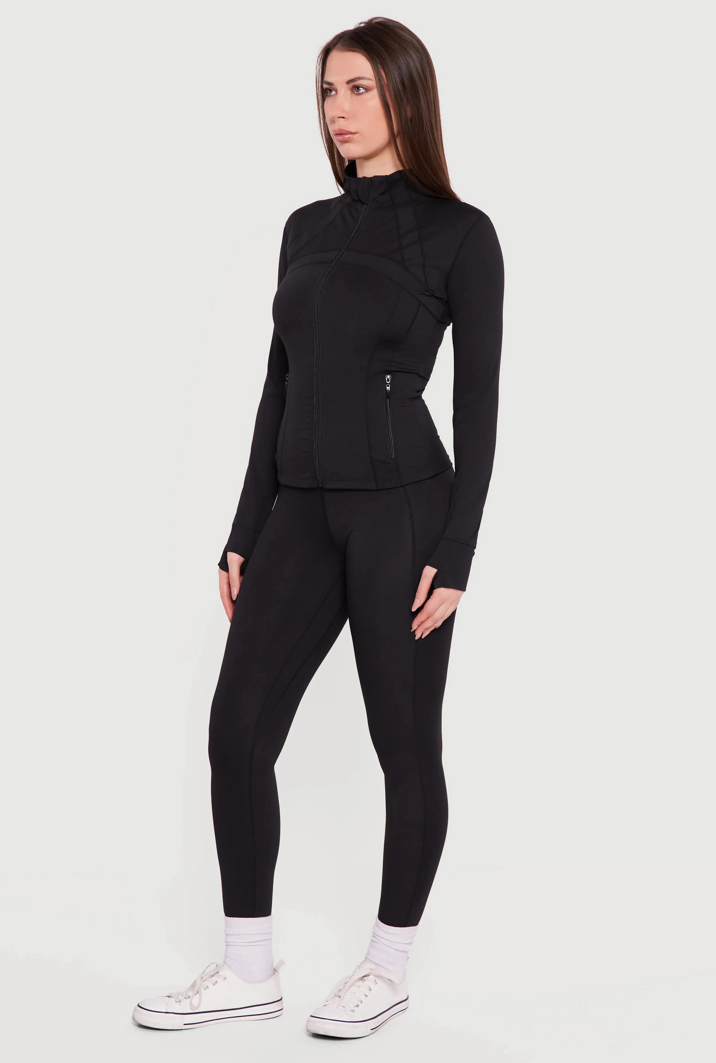 Long Sleeve Mock Neck Zip Front Jacket with Thumb Holes sold by Rainbow product image thumbnail 3
