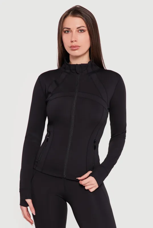 Long Sleeve Mock Neck Zip Front Jacket with Thumb Holes made by Rainbow