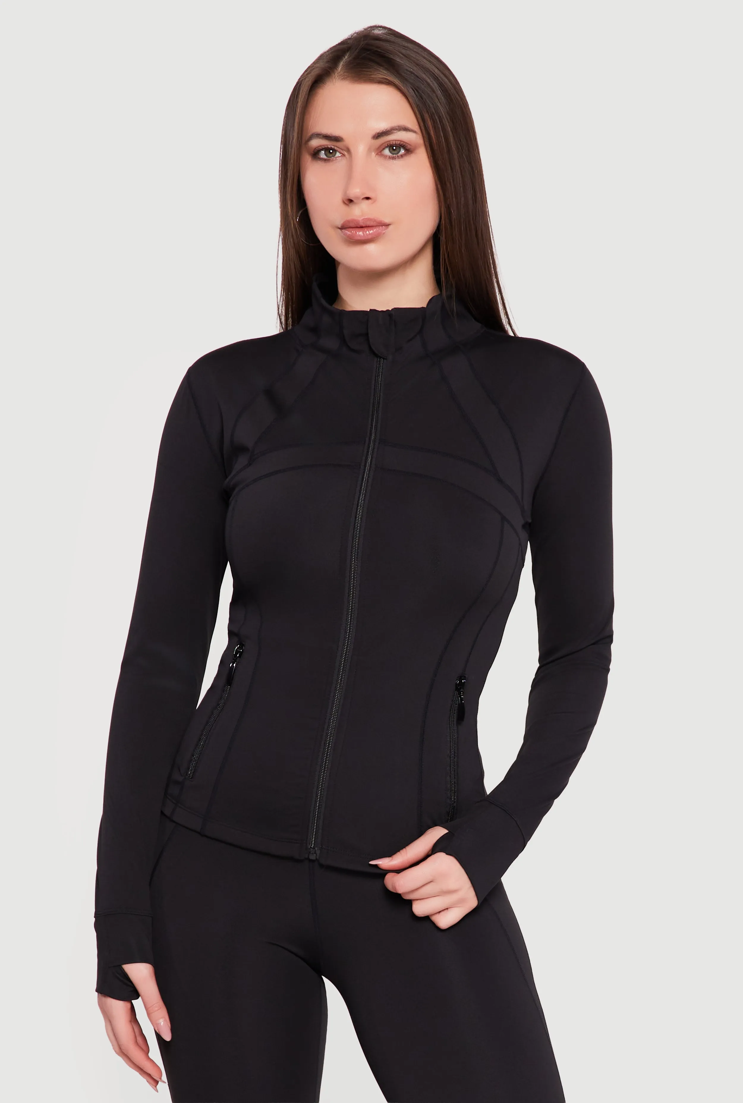 Long Sleeve Mock Neck Zip Front Jacket with Thumb Holes sold by Rainbow