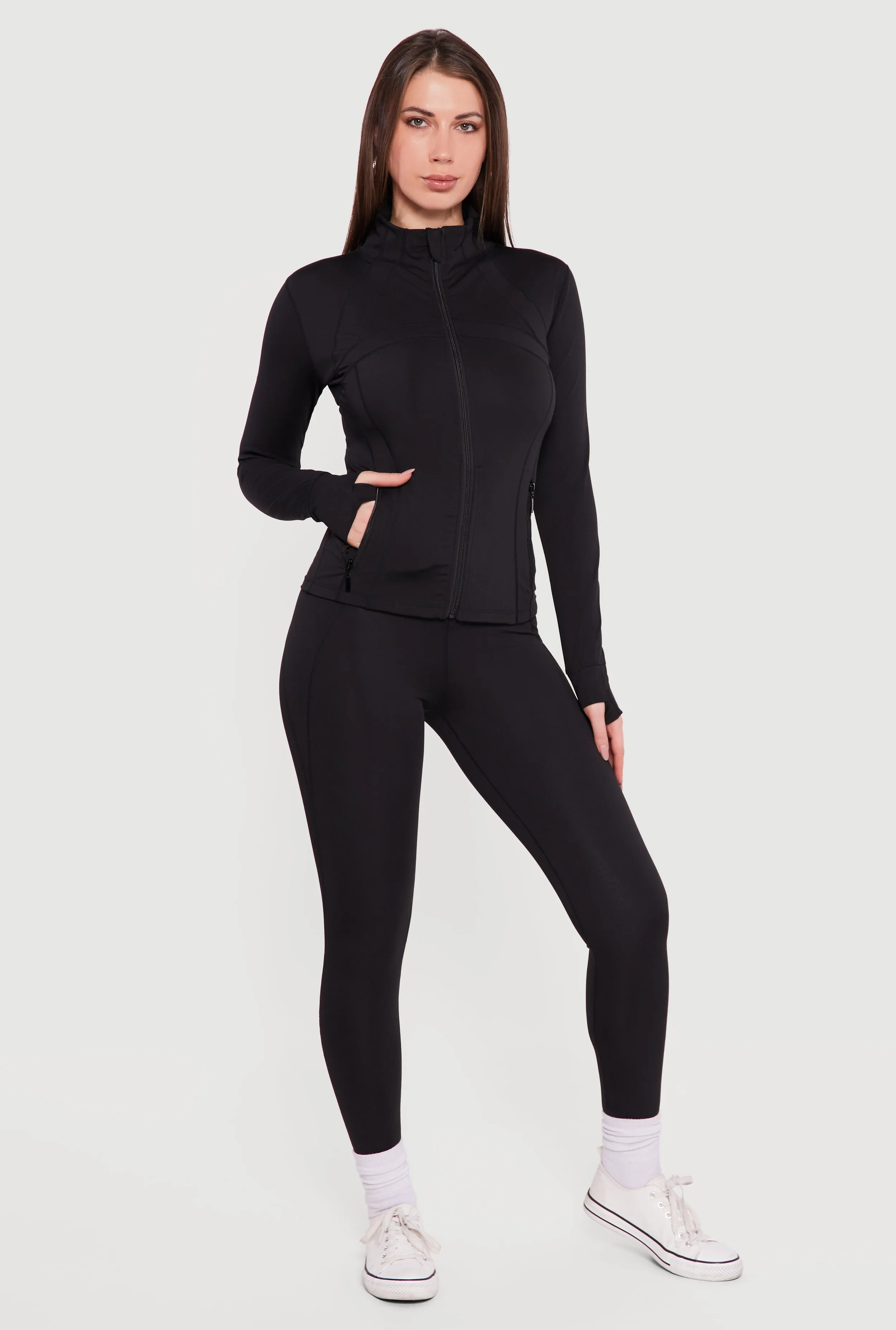 Long Sleeve Mock Neck Zip Front Jacket with Thumb Holes sold by Rainbow product image thumbnail 2