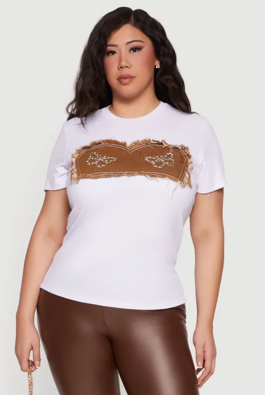 Plus Size Denim Corset Patch Rhinestone Detail Tee sold by Rainbow