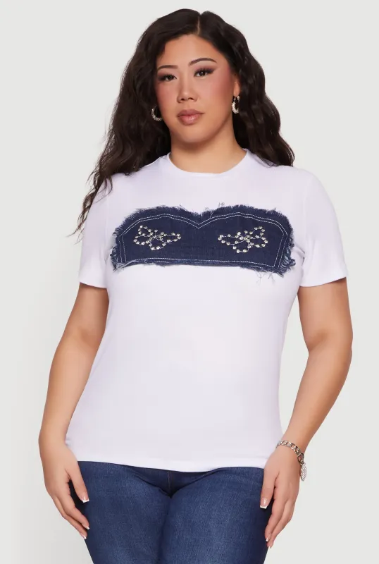 Plus Size Denim Corset Patch Rhinestone Detail Tee made by Rainbow