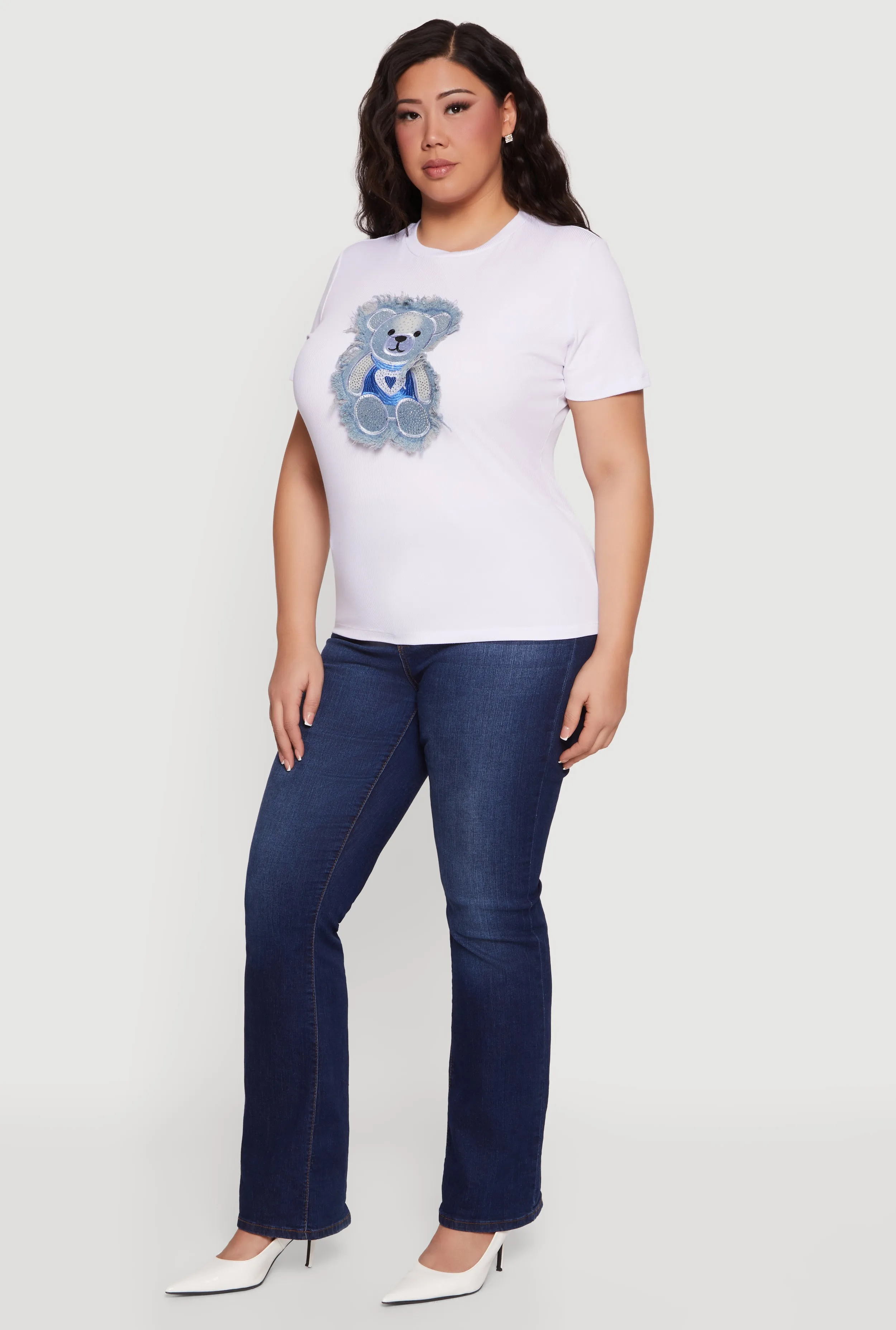 Plus Size Denim Bear Patch Rhinestone Detail Tee sold by Rainbow product image thumbnail 3