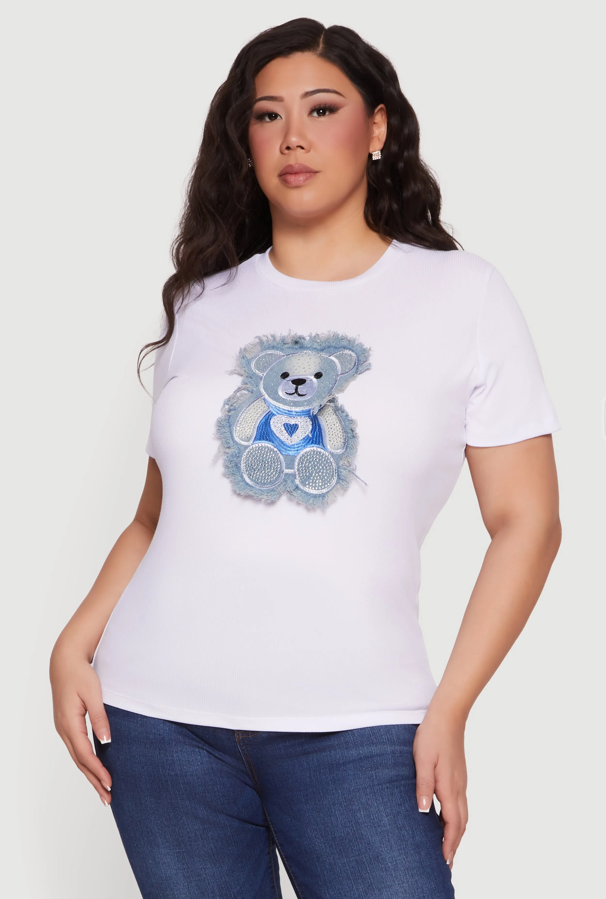 Plus Size Denim Bear Patch Rhinestone Detail Tee sold by Rainbow