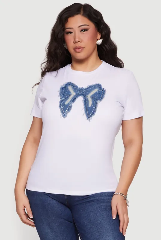Plus Size Denim Bow Patch Rhinestone Detail Tee made by Rainbow