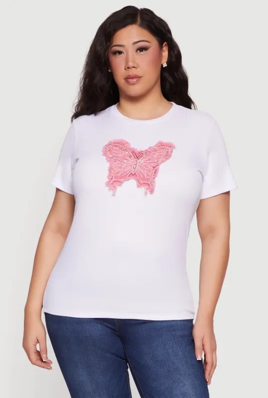 Plus Size Butterfly Rhinestone Denim Patch Tee made by Rainbow